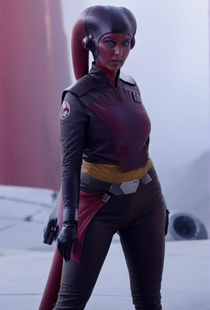 score_9, score_8_up, score_7_up, score_6_up, 2d, rating_questionable, rating_safe, BREAK ((green skin)) Female Twi'lek (((hera syndulla ))), helmet with red visor, star wars, armor,black gloves,tight bodysuit,black cape,black pants, close up, solo, standing, front view, medium breasts, wide hips, holding lightsaber, double edged, action pose, red blade, indoors, sith base, science fiction,