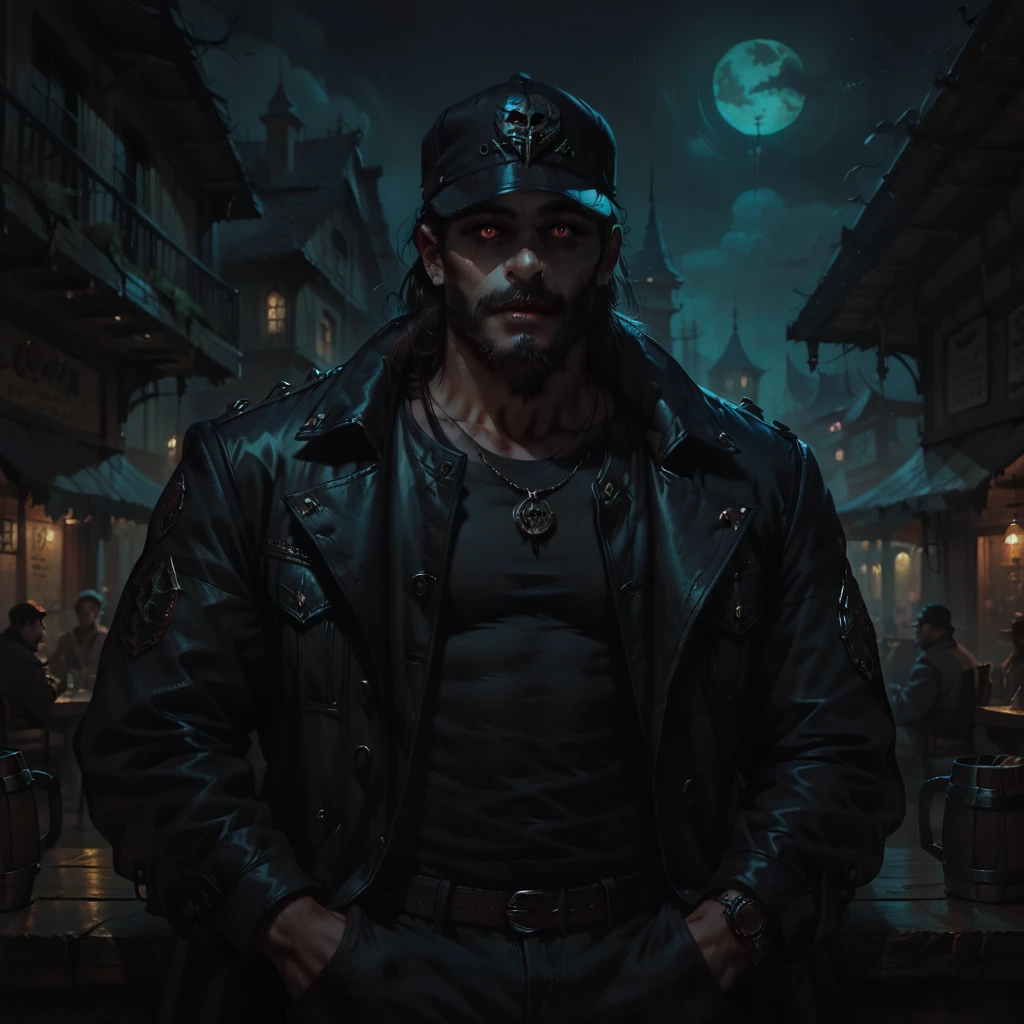 charismatic, sinister bearded sailor, open jacket, cap in half profile, at night, enters the entrance of a tavern, neon dark art