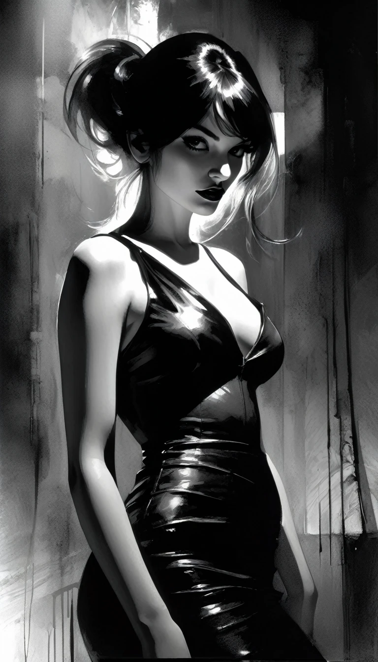 , sexy girl, elegant, Black and white image, chiaroscuro, sensual, dramatic lighting, moody atmosphere, photorealistic, intricate details, masterpiece, ultra-detailed, high quality, 8k, best quality, realistic, cinematic, dark and brooding, expressionistic, powerful composition, emotional impact (art inspired in Bill Sienkiewicz). oil painting)
