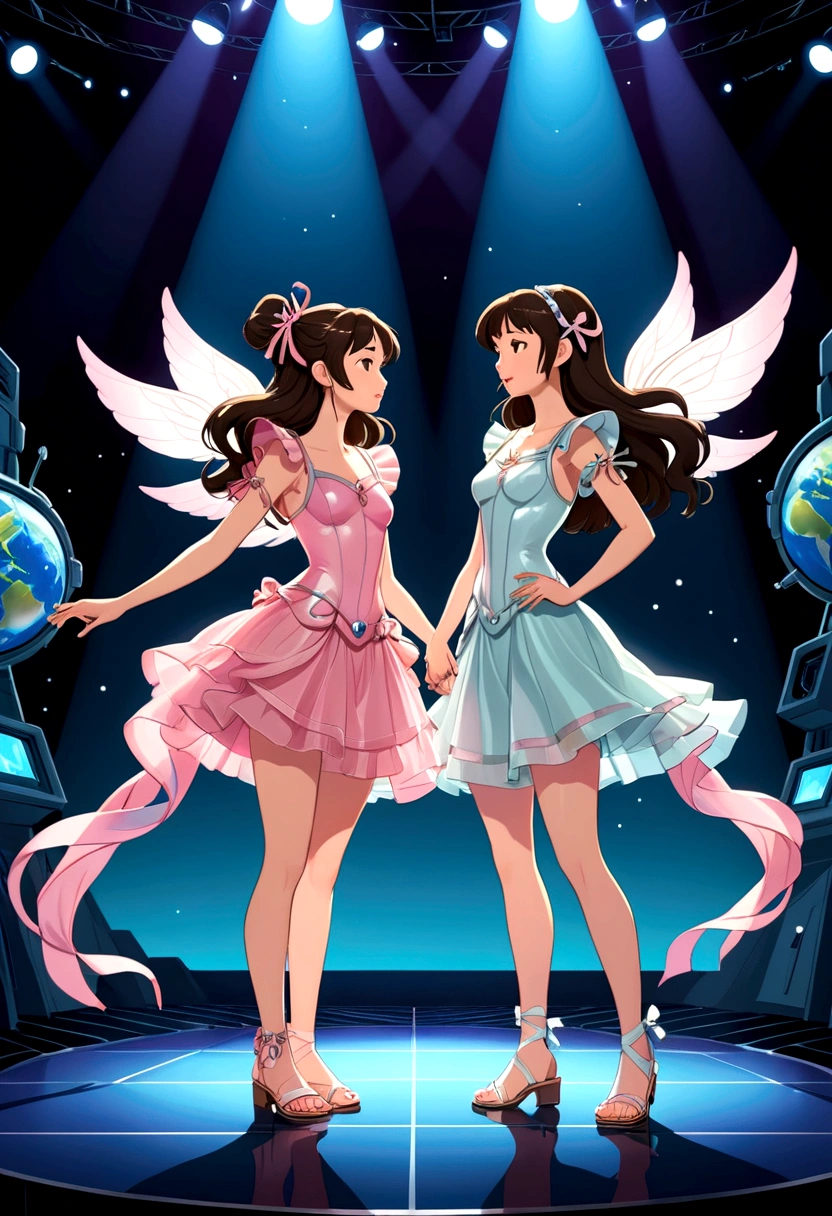 Name "FREENBECKY URANUS2324 ON STAGE" in a colorful and vibrant 3d dynamic font a A captivating anime style illustration of two young women, one Asian and one British, sharing a large stage. The Asian woman, with long, dark flowing hair, is dressed in a simple astronaut suit. The British woman, with semi-long loose brown hair, wears a very short pink dress made of ruffles of pink tulle and appliqués of long pastel pink ribbons hanging on the sides of the skirt, pretending to be a nymph and wearing a buckle simulating small wings or pink fins on the sides of her head, she wears delicate silver sandals tied with silver ribbons. They are representing a comedy, there is complicity, desire and love and a lot of fun between them. The scene is illuminated by dazzling stage lights and accompanied by energetic music. The illustration has a cinematic feel, similar to a poster or 3D presentation, with a bold, almost painterly style., illustration, 3d presentation, painting, poster, cinematic