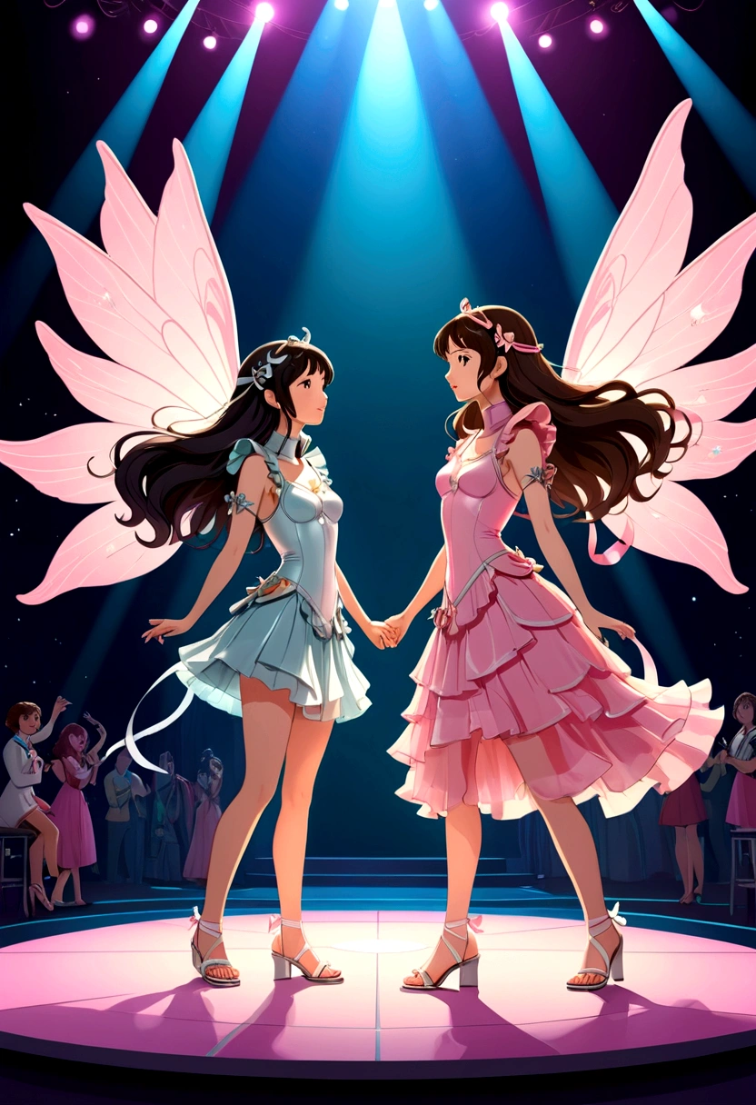 Name "FREENBECKY URANUS2324 ON STAGE" in a colorful and vibrant 3d dynamic font a A captivating anime style illustration of two young women, one Asian and one British, sharing a large stage. The Asian woman, with long, dark flowing hair, is dressed in a simple astronaut suit. The British woman, with semi-long loose brown hair, wears a very short pink dress made of ruffles of pink tulle and appliqués of long pastel pink ribbons hanging on the sides of the skirt, pretending to be a nymph and wearing a buckle simulating small wings or pink fins on the sides of her head, she wears delicate silver sandals tied with silver ribbons. They are representing a comedy, there is complicity, desire and love and a lot of fun between them. The scene is illuminated by dazzling stage lights and accompanied by energetic music. The illustration has a cinematic feel, similar to a poster or 3D presentation, with a bold, almost painterly style., illustration, 3d presentation, painting, poster, cinematic