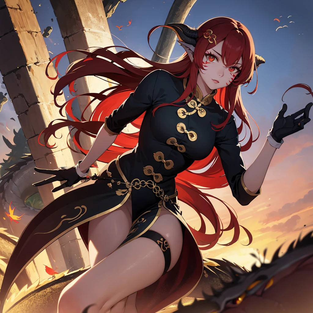 ((best quality)),((masterpiece)),8k wallpaper,absurdres, highres, ultra detailed, (****ung beautiful girl, solo:1.1),realistic, solo,gloves, human ears, hair ornament, long hair, red hair,red and gold eyes, whisker markings, fingerless gloves, red hair,multicolored red hair,official alternate costume, asymmetrical clothes, makeup, facial mark, hairclip, medium breasts, athletic body, slimskirt, thigh strap, lips, gradient hair, dragon tail, single glove, (chinese dragon (mythological creature):1.3),A fairytale land where magical creatures live and thrive, RED HAIR,  BREAK