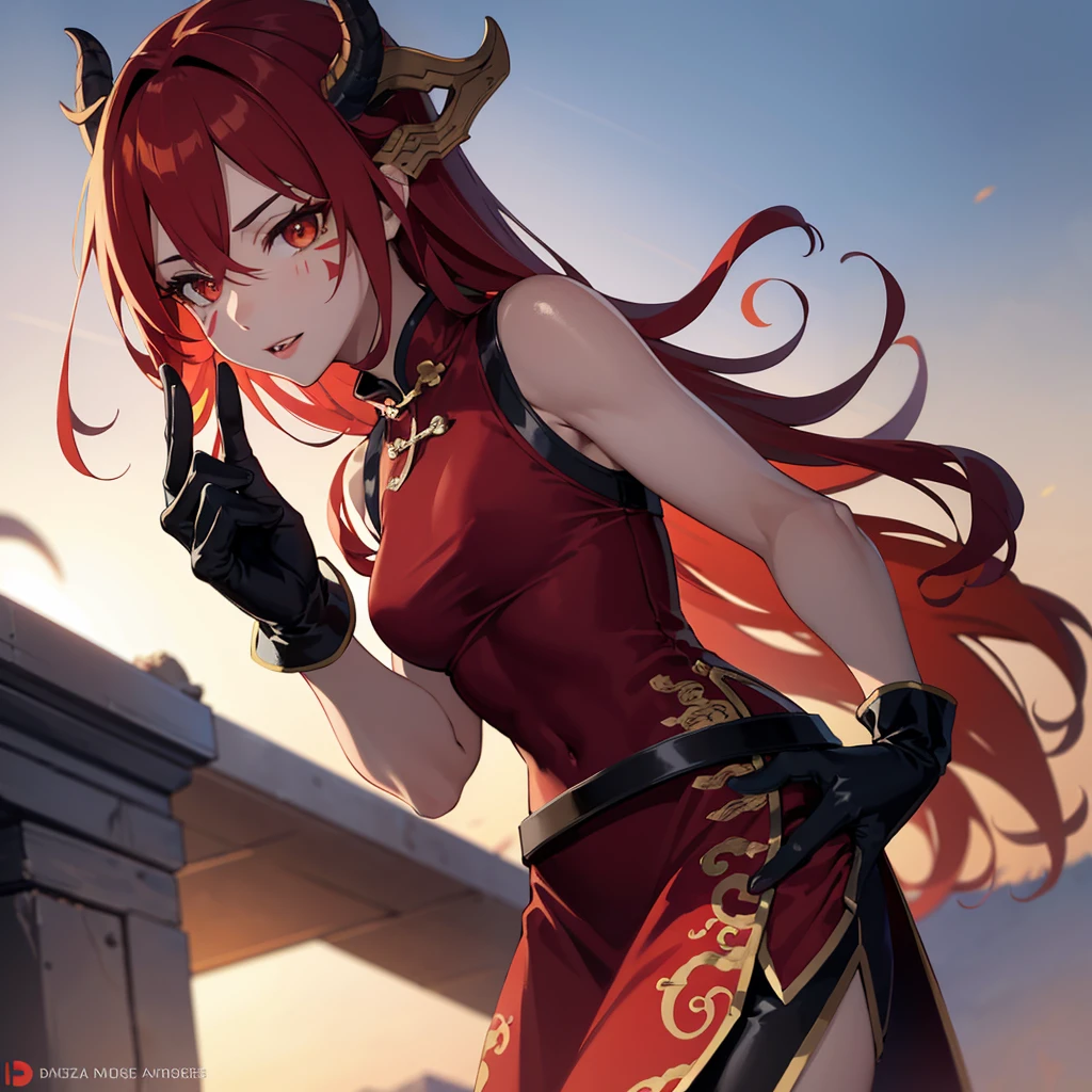 ((best quality)),((masterpiece)),8k wallpaper,absurdres, highres, ultra detailed, (****ung beautiful girl, solo:1.1),realistic, solo,gloves, human ears, hair ornament, long hair, red hair,red and gold eyes, whisker markings, fingerless gloves, red hair,multicolored red hair,official alternate costume, asymmetrical clothes, makeup, facial mark, hairclip, medium breasts, athletic body, slimskirt, thigh strap, lips, gradient hair, dragon tail, single glove, (chinese dragon (mythological creature):1.3),A fairytale land where magical creatures live and thrive, RED HAIR,  BREAK