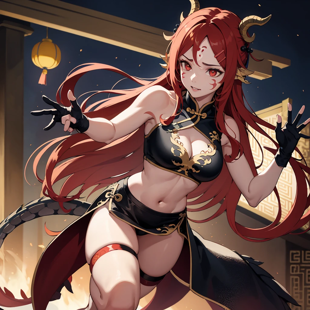 ((best quality)),((masterpiece)),8k wallpaper,absurdres, highres, ultra detailed, (****ung beautiful girl, solo:1.1),realistic, solo,gloves, human ears, hair ornament, long hair, red hair,red and gold eyes, whisker markings, fingerless gloves, red hair,multicolored red hair,official alternate costume, asymmetrical clothes, makeup, facial mark, hairclip, medium breasts, athletic body, slimskirt, thigh strap, lips, gradient hair, dragon tail, single glove, (chinese dragon (mythological creature):1.3),A fairytale land where magical creatures live and thrive, RED HAIR,  BREAK