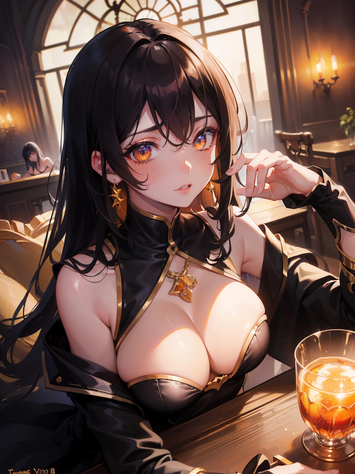 ((dark fantasy)), ((wavy blak hair color)),((dark skin)), (((amber eyes))), freckles, warm light,( ),busty,Glamour,Gorgeous,monochromes,erotic posing,Dynamic Posing,Arrange Pose,Dramatic,Cinematic,Detailed background, Dynamic Angle,From the angle of the film,Gothic background, Dark fantastic view,Best Quality,masutepiece,8K,The ultimate detailed dark background, Top image quality、RAW photography、超A high resolution,cropped shoulders, overall look is very erotic、Shot for one person only, model shoot, Large round chest, Beautiful Eyes of Details、Very slender eyes、Beautiful eyelashes、Very slim physique, with blush cheeks,Pearl Beaded Bralet Top, ((pearl top))