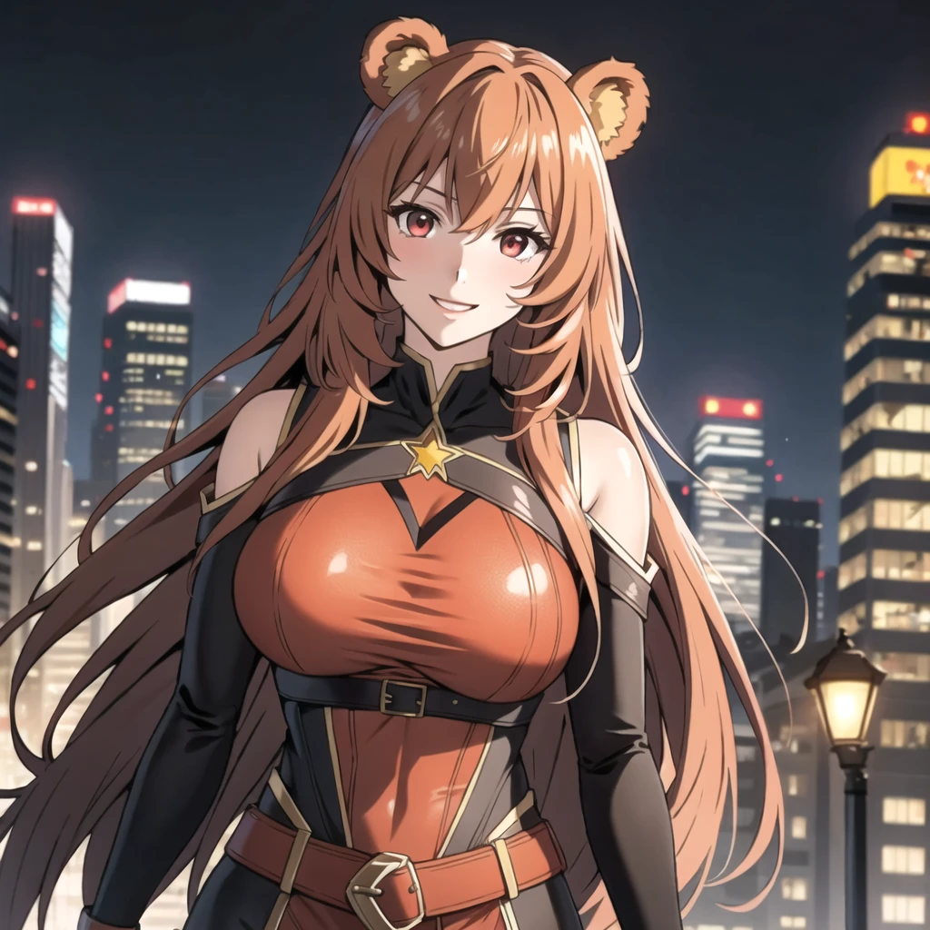 Single Woman, one woman.  Raphtalia, Attractive 25 year old woman., bear ears, bright orange hair, detailed ruby red eyes, bright skin, shy smile ,red and yellow superhero costume, flies through the sky, Superhero clothing, cutout. Los Angeles city background flying across the sky, USA, at night.