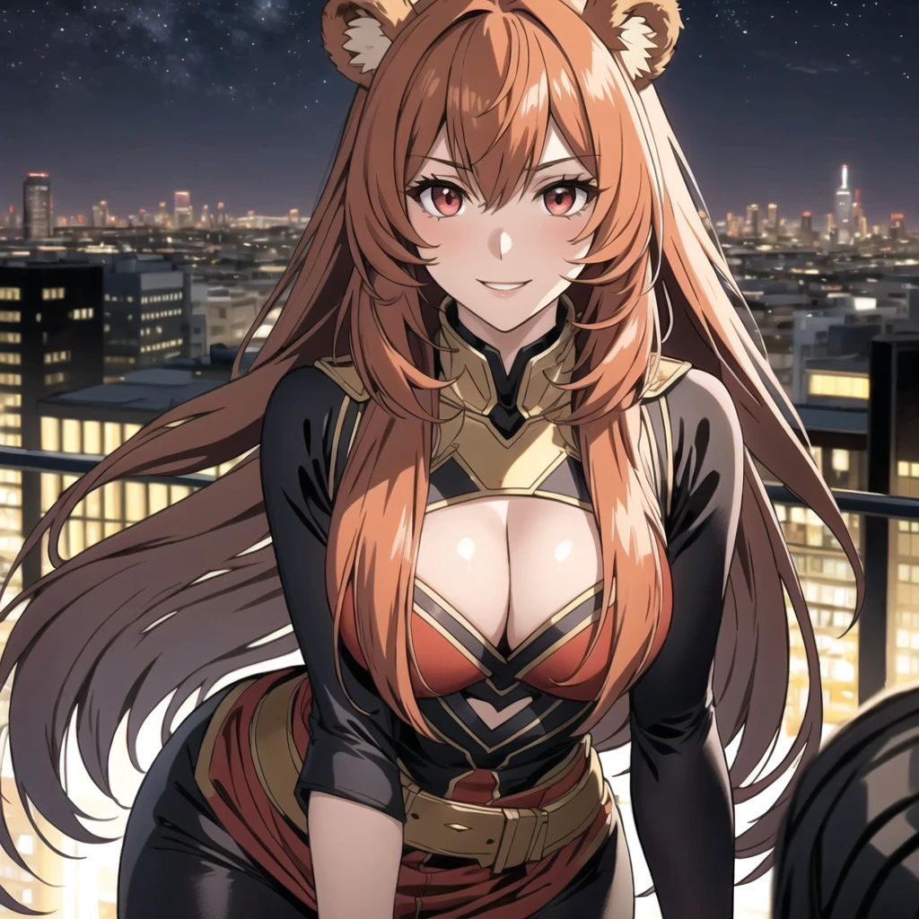 Single Woman, one woman.  Raphtalia, Attractive 25 year old woman., bear ears, bright orange hair, detailed ruby red eyes, bright skin, shy smile ,red and yellow superhero costume, flies through the sky, Superhero clothing, cutout. Los Angeles city background flying across the sky, USA, at night.