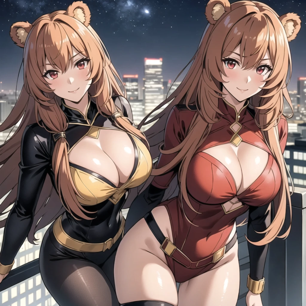 Single Woman, one woman. Raphtalia, Attractive 25 year old woman., bear ears, bright orange hair, detailed ruby red eyes, bright skin, shy smile ,red and yellow superhero costume, flies through the sky, Superhero clothing, cutout. Los Angeles city background flying across the sky, USA, at night.