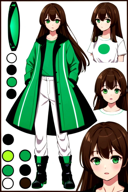 **harumi**: 14歳, 1,60 meters, straight brown hair, expressive green eyes. Beautiful and with a more defined body for her age. Wear a long, heavy coat, t - shirt, sturdy pants and boots.
**artistic style**: アニメ, linhas limpas, cores vibrantes para harumi.