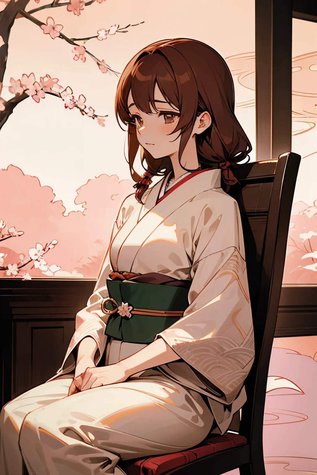 Girigiri by Nishimura Naoki, featuring two characters: Hana and Noi Hanamaki Hiroshi.
Hana, a young woman with luscious, chestnut-brown hair that cascades down her back in soft waves, sits in an elegant, antique chair. She wears a traditional kimono, the fabric a vibrant hue of cherry blossom pink, skillfully tied at the waist with a delicate obi. The intricate patterns and gentle draping of the garment highlight her slender figure and graceful posture. Her expression is serene, a hint of a knowing smile playing at the corners of her lips.
Noi