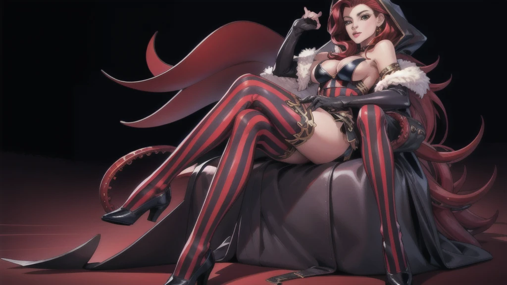 Perfect eyes:1.2, detailed eyes:1.4, realistic:1.4, shaded face, Red hair, hair over shoulder, robe, e.g, fringe, tentacles, Argyll, checkered, neckline in clothes, Striped Thighhighs, black and red vertical striped knee socks, draw up, pomade, hood, split, Sitting, 1 girl, One, (masterpiece:1.6, Best quality),