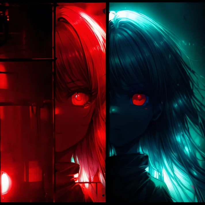 masterpiece, 1 girl, upper body, upclose, girl infront, looks at the viewer, Eyes in TV, Monitors with eyes in background, in doors, red eyes, blood, long blue hair, blue hair, many details, back facing viewer, head turned to look at viewer, emotionless, dim room, only light from tv monitors, monitors with eyes, Many screens showing different things, 1 girl in a screen, detailed eyes in the other screens, well lit, blood on hair, blood dripping from eyes, eyes with crosses in them, pale skin, seperate monitors, emotionless face, glowing eyes, long hair, white hair, eyes split in half, detailed, neon eyes, beautiful eyes, cool eyes, large monitor screen displaying beautiful eyes in background, girl in the center, silhouette of a girl in the center, red lighting, red eyes, blood, detailed, glowing, dim room, lighting from screens, massive screens displaying giant girl in the background , long hair,in a cinema room, dim lighting, bright lighting, red eyes, girl on screen panel, eyes in screen panels, long red hair, bright red hair, long hair, hair glowing, well lit, detailed, detailed lighting, well lit hair, well lit face, looking at viewer, dim room, screen monitor panels, monitors with girl in them, emotionless expression, eye in monitor screen, lots of monitor panels, sectioned panels, glowing eyes, red eyes,