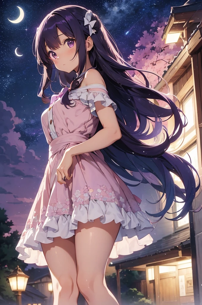 “A cute anime girl with long, curly purple hair, that reach to the waist. She wears an elegant dress in pastel colors with floral details and wears a bow in her hair. On her shoulder sits a small talking squirrel with big eyes. In the background, sparkling stars and a gentle crescent moon can be seen in the night sky.”