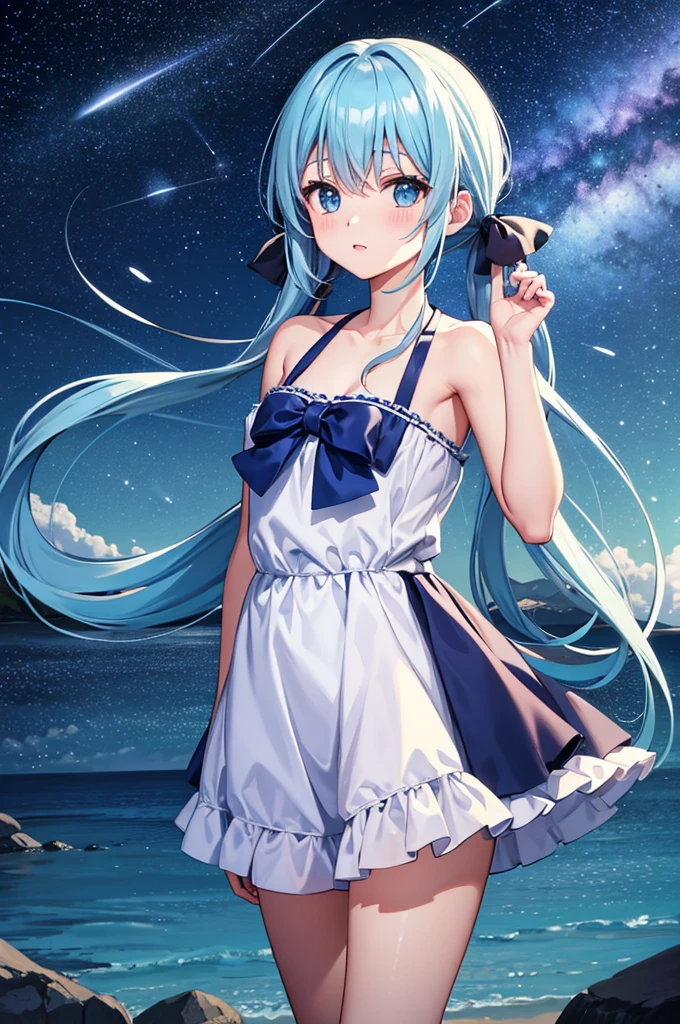 Night sky beach、Lots of shooting stars、Light blue long hair、Beautiful girl with twin tails、