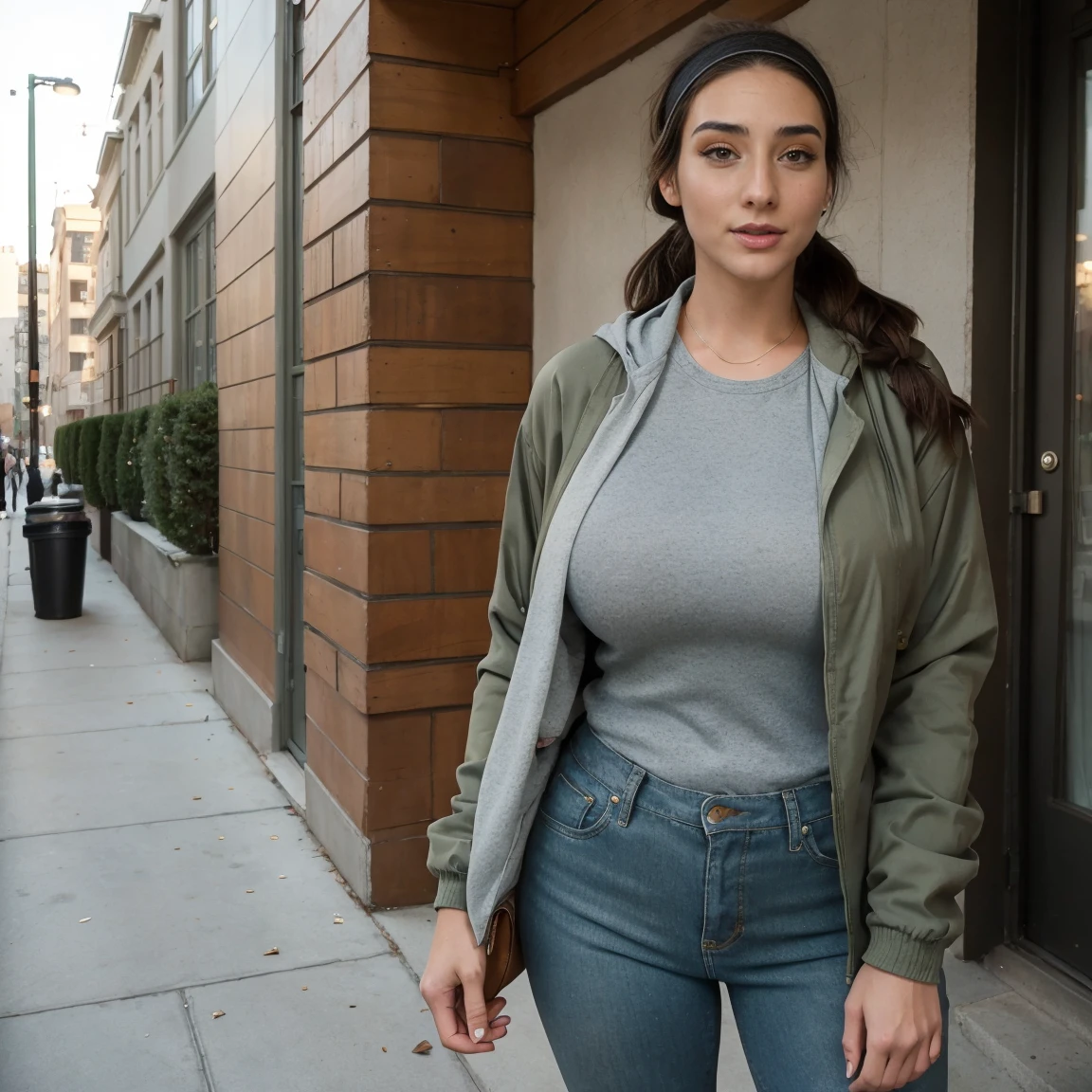 Extremely busty thin and toned brunette photographer, college girl, fair skin, loose ponytail, soft face, athletic, bandana babushka headwrap, tight olive green casual windbreaker, low-rise skinny jeans. standing in front of her apartment building, outdoors, city, camera bag, cleavage
