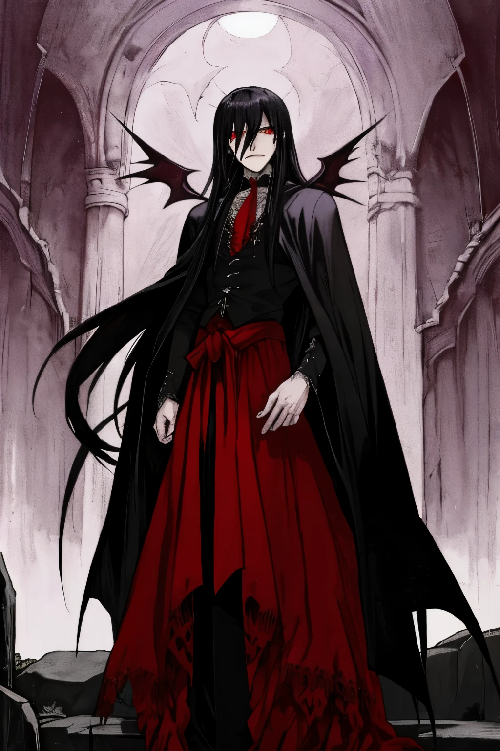 Anime character from the "Valcan, the Vampire Manga" series, donning a classic vampire costume with a cape, sharp fangs, and piercing red eyes. The character stands tall, leaning against a stone wall, a captivating aura emanating from their being. The setting is a dimly lit, gothic alleyway, accentuating the vampire's eerie allure.

In the light novel adaptation, the protagonist is described as having long, raven-black hair, with a sharp, angular face and a hint of sadness in their eyes. They wear traditional vampire attire, complete with a black, lace-trimmed cape