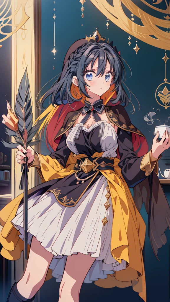 best quality, extremely detailed, anime style adult 1girl, long hair down to the waist, straight hair, ((dark black hair with bluish)),crown braid,beautiful detailed eyes, pinched eyes, dark blue eyes, huge breasts,curvy,(((café motif magical colorful dress))),café decoration,longskirt,Clothing with intricate decorations,feather and colorful accessory,((foppery shoes)),fluttering cloak,animation cap,animated gif,((((café))))