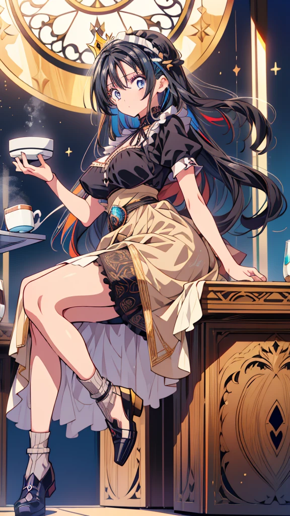 best quality, extremely detailed, anime style adult 1girl, long hair down to the waist, straight hair, ((dark black hair with bluish)),crown braid,beautiful detailed eyes, pinched eyes, dark blue eyes, huge breasts,curvy,(((café motif magical colorful dress))),café decoration,longskirt,Clothing with intricate decorations,feather and colorful accessory,((foppery shoes)),fluttering cloak,animation cap,animated gif,((((café))))