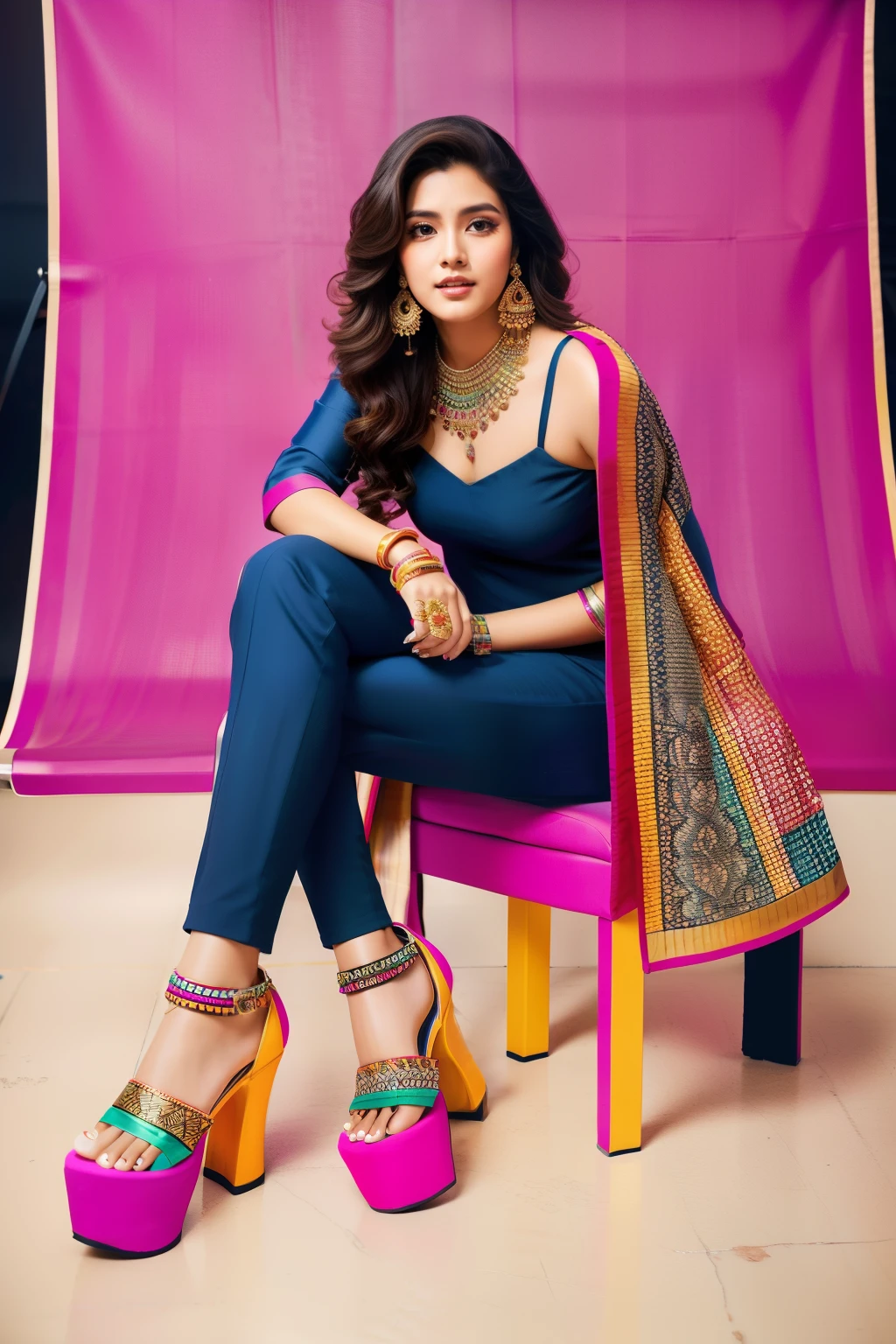 A beautiful 20-year-old indian woman with wavy brown hair, wearing a bold and colorful geometric suit. Colorful atmosphere, photo studio, artistic,(( black sandal heels)) , sitting on a chair
