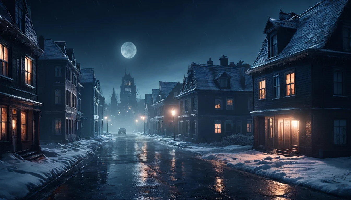 A scary horror image ,  a new city on a cold winter night,   PICTURE REALISTIC, high resolution, 8K 