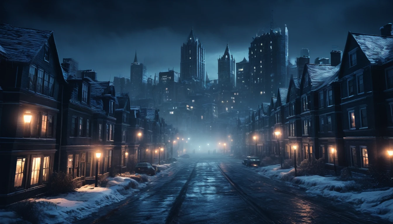 A scary horror image , a new city on a cold winter night, PICTURE REALISTIC, high resolution, 8K