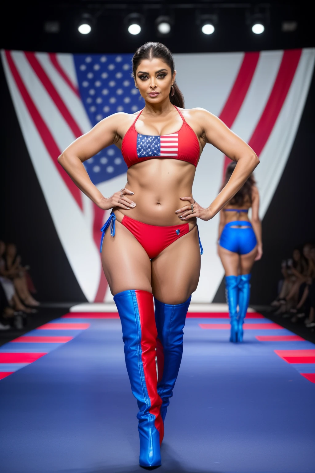Full body photo of SEXY 50YO MATURE MILF AISHWARYA RAI as FITNESS MODEL, ((SMOKY EYES MAKEUP and ponytail tied hair)), ((red and blue US flag micro bikini)), ((high boots)), (((catwalk on ramp fashion show))), day scene, fit curvaceous mature hourglass figure, look straight at camera, sexy 50 yo mature MILF, soft volumetric lights, intricate details, (ArtStation:1.2)