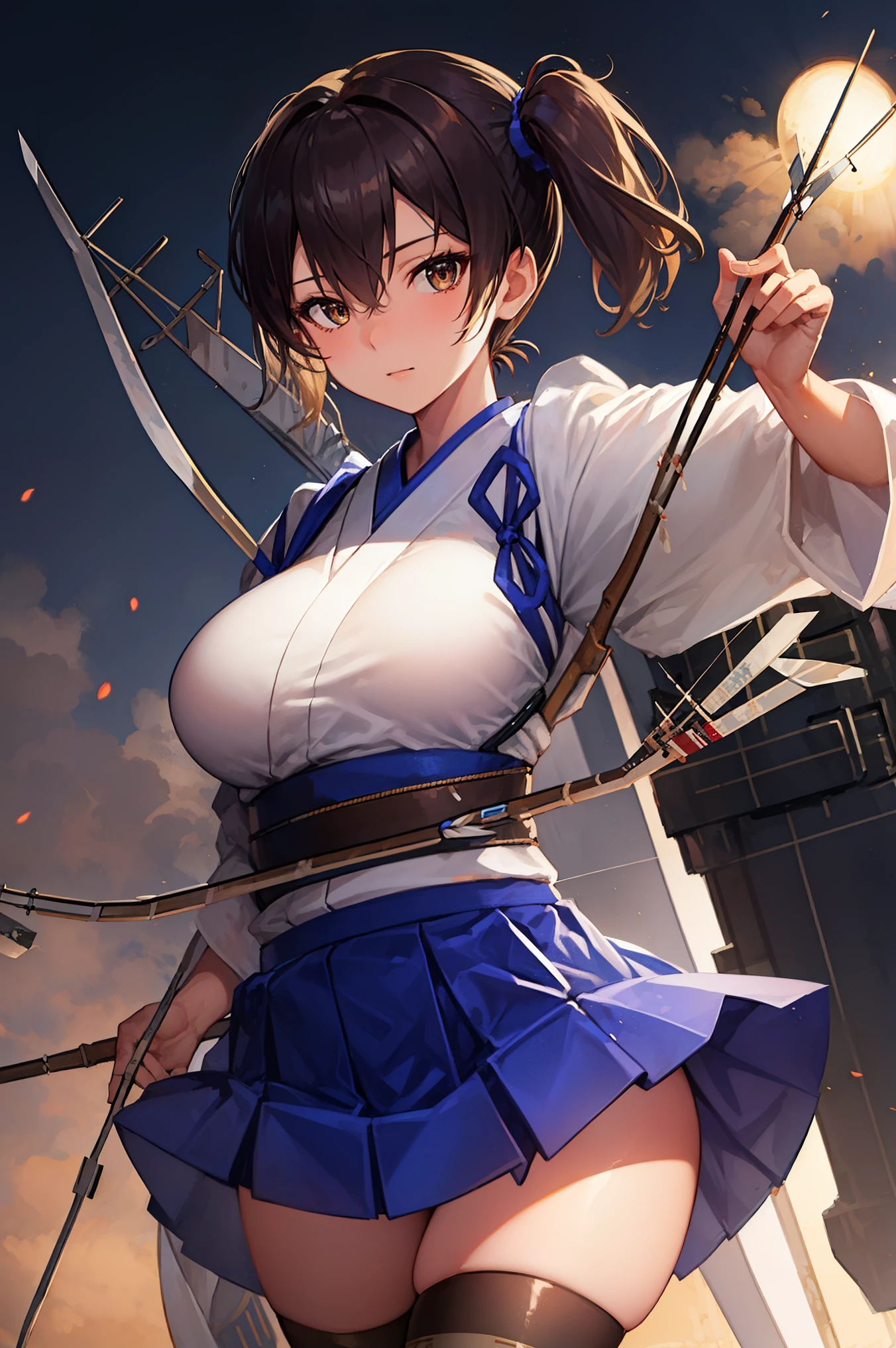 Kaga(Fleet Collection),highest quality, masterpiece, High resolution,kimono,blue skirt,side ponytail,big_breasts,solo,Japanese_bow&arrow,dynamic_posing,half_eyes,solo