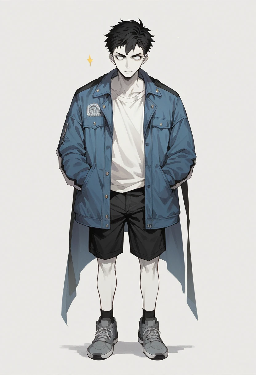 The man has black hair and white eyes, black and white, blue jacket, black shorts, gray shoes