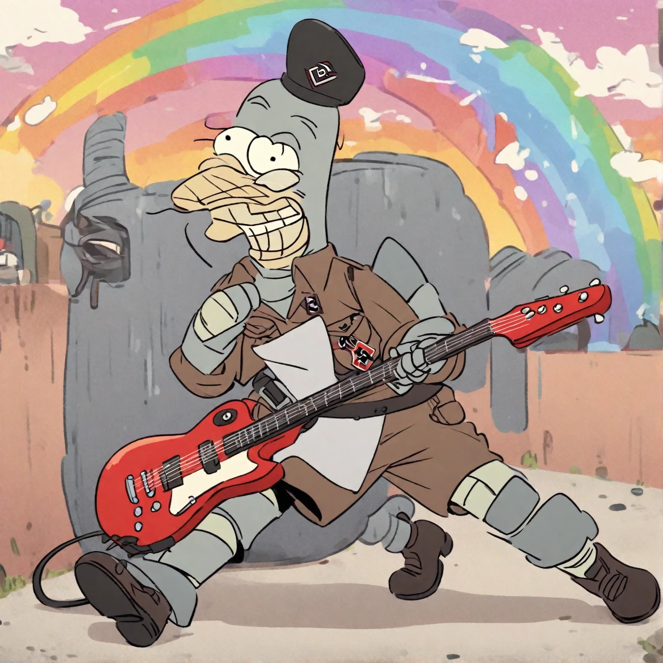 Bender, Nazis Uniform, hold Electric Guitar, Rainbow Background 