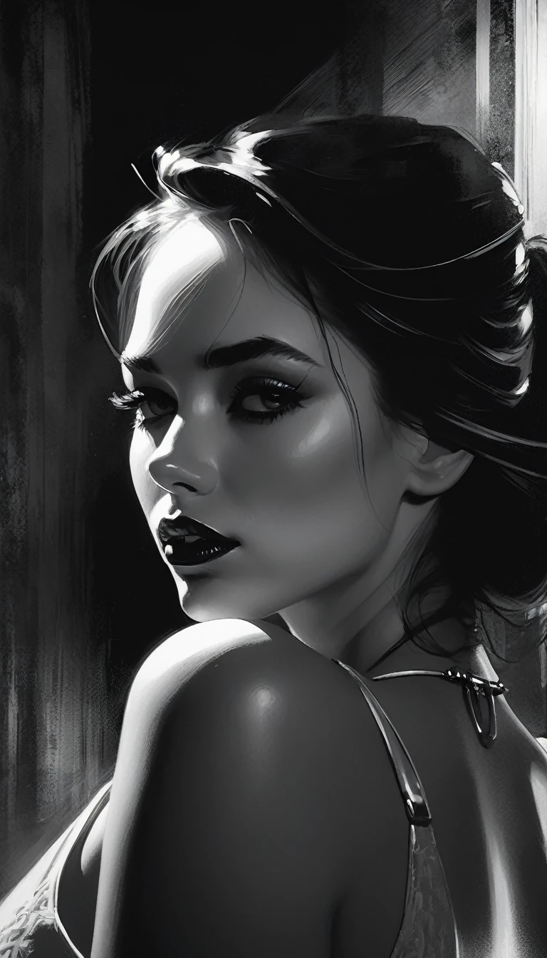 , sexy girl, elegant, Black and white image, chiaroscuro, sensual, dramatic lighting, moody atmosphere, photorealistic, intricate details, masterpiece, ultra-detailed, high quality, 8k, best quality, realistic, cinematic, dark and brooding, expressionistic, powerful composition, emotional impact (art inspired in Bill Sienkiewicz). oil painting)