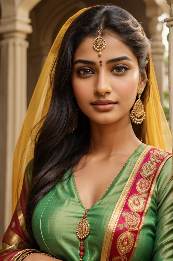 (best quality, ultra-detailed, realistic:1.37), professional, beautiful detailed eyes, beautiful detailed lips, detailed facial features, natural skin tones, perfect skin texture, delicate facial expressions, image in high resolution, realistic face, realistic skin, plain face, natural smile, highly detailed hair, 18yo, (Kiran, beautiful Indian young woman), celebrates a festive occasion in a vibrant Salwar Kameez adorned with colorful patterns and accessories. The high-resolution image captures ultra-detailed realism, highlighting Kiran's captivating eyes, expressive lips, and graceful facial features. The festive decorations and vibrant colors create a visually stunning representation of Indian culture and joyous celebration.