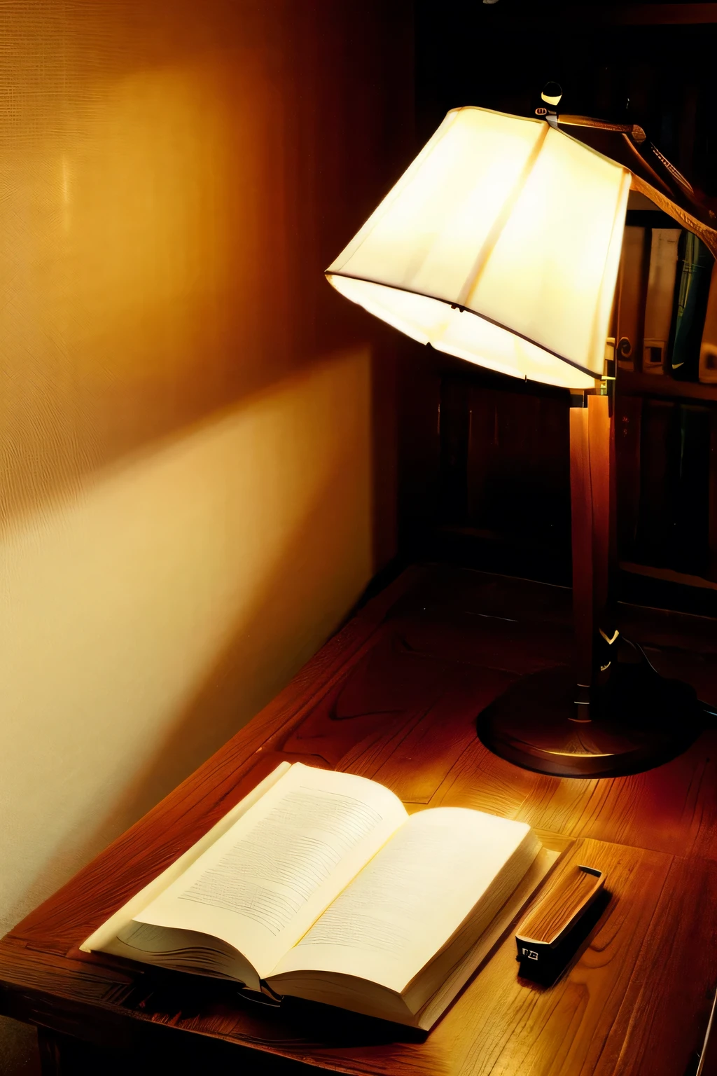 "An open book on a wooden table, with a soft light falling on its pages. Ao fundo, there is a welcoming and well-lit environment, with a desk lamp emitting a warm, pleasant light."