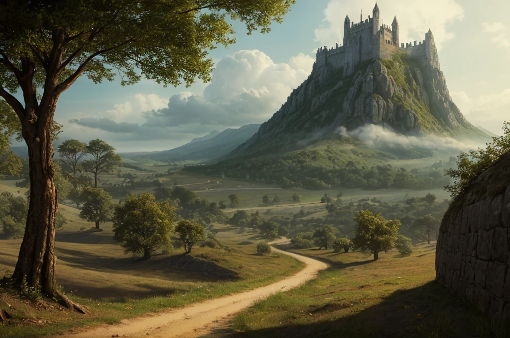 A detailed fantasy landscape, enchanted forests, majestic mountains, inspiré de Tolkien, à la manière de John Howe, digital painting, hyperrealistic, 8k, highly detailed, volumetric lighting, dramatic lighting, vibrant colors, lush vegetation, towering peaks, mystical atmosphere, cinematic composition, epic scale, intricate details, fantastical elements, photorealistic, masterpiece, forteresse perchée
