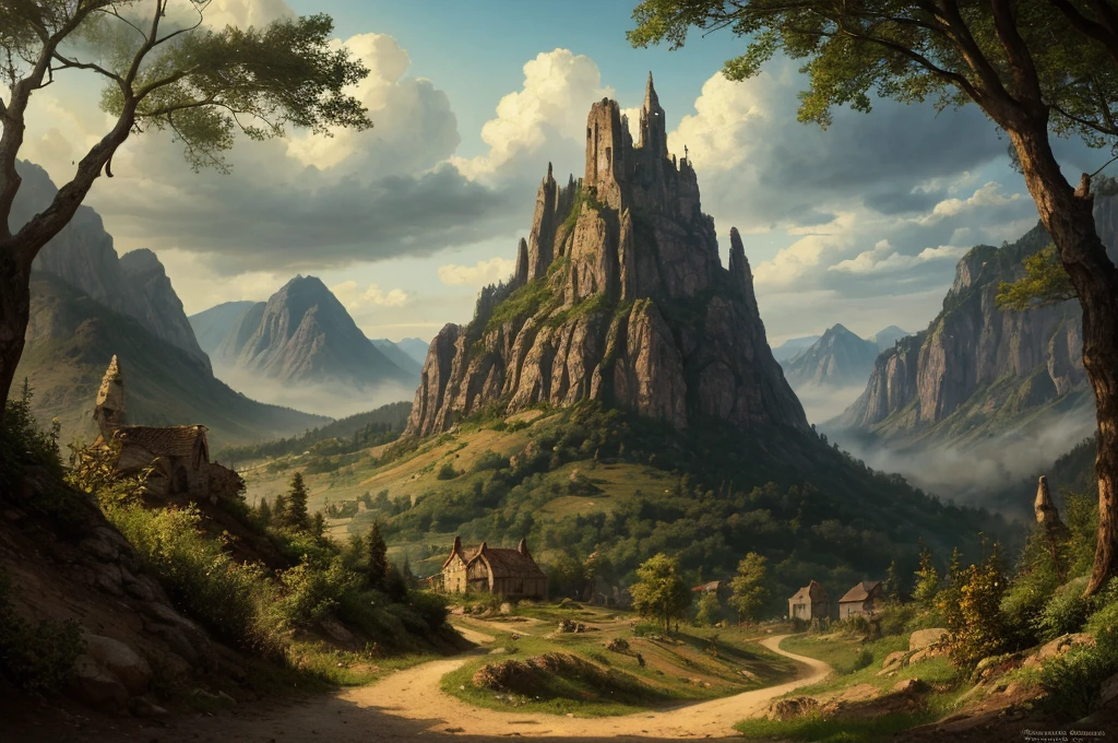 A detailed fantasy landscape, enchanted forests, majestic mountains, inspiré de Tolkien, à la manière de John Howe, digital painting, hyperrealistic, 8k, highly detailed, volumetric lighting, dramatic lighting, vibrant colors, lush vegetation, towering peaks, mystical atmosphere, cinematic composition, epic scale, intricate details, fantastical elements, photorealistic, masterpiece, forteresse perchée