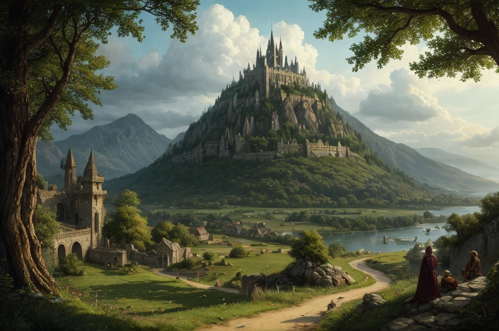 A detailed fantasy landscape, enchanted forests, majestic mountains, inspiré de Tolkien, à la manière de John Howe, digital painting, hyperrealistic, 8k, highly detailed, volumetric lighting, dramatic lighting, vibrant colors, lush vegetation, towering peaks, mystical atmosphere, cinematic composition, epic scale, intricate details, fantastical elements, photorealistic, masterpiece, forteresse perchée
