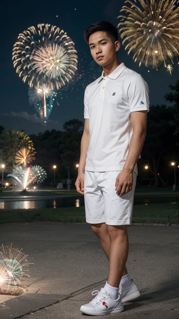 A 25 year old filipino boy wearing a white polo and white sneakers the background is nigth and koraen park and fireworks.