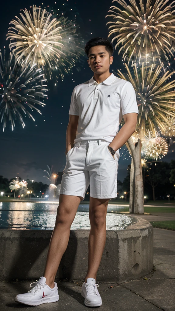 A 25 year old filipino boy wearing a white polo and white sneakers the background is nigth and koraen park and fireworks.