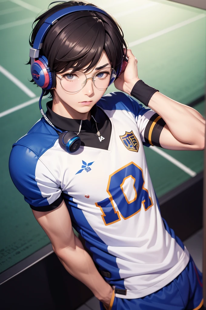 Ren Amamiya Persona,Boy Anime,football uniform, glasses, headphones on head