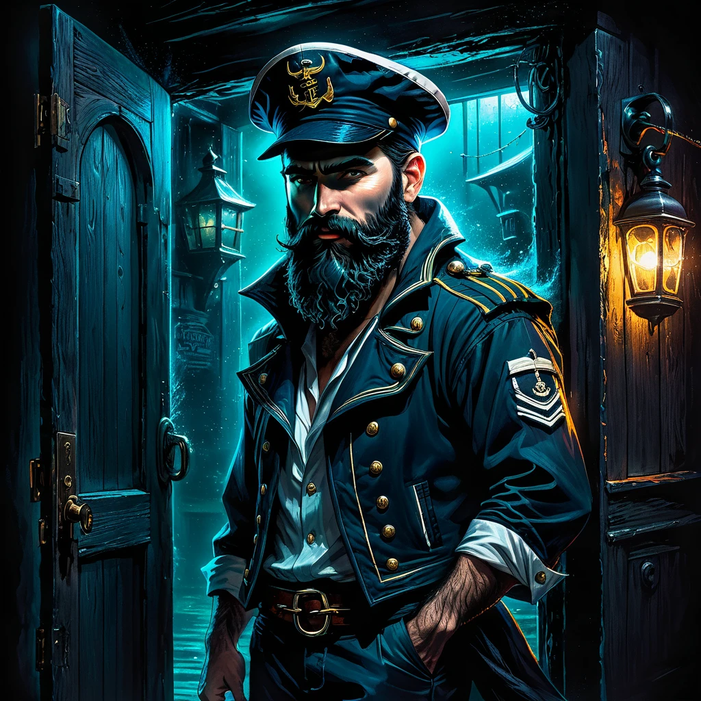 charismatic, sinister bearded sailor, open jacket, cap in half profile, at night, opens the door to the entrance of a tavern, neon dark art