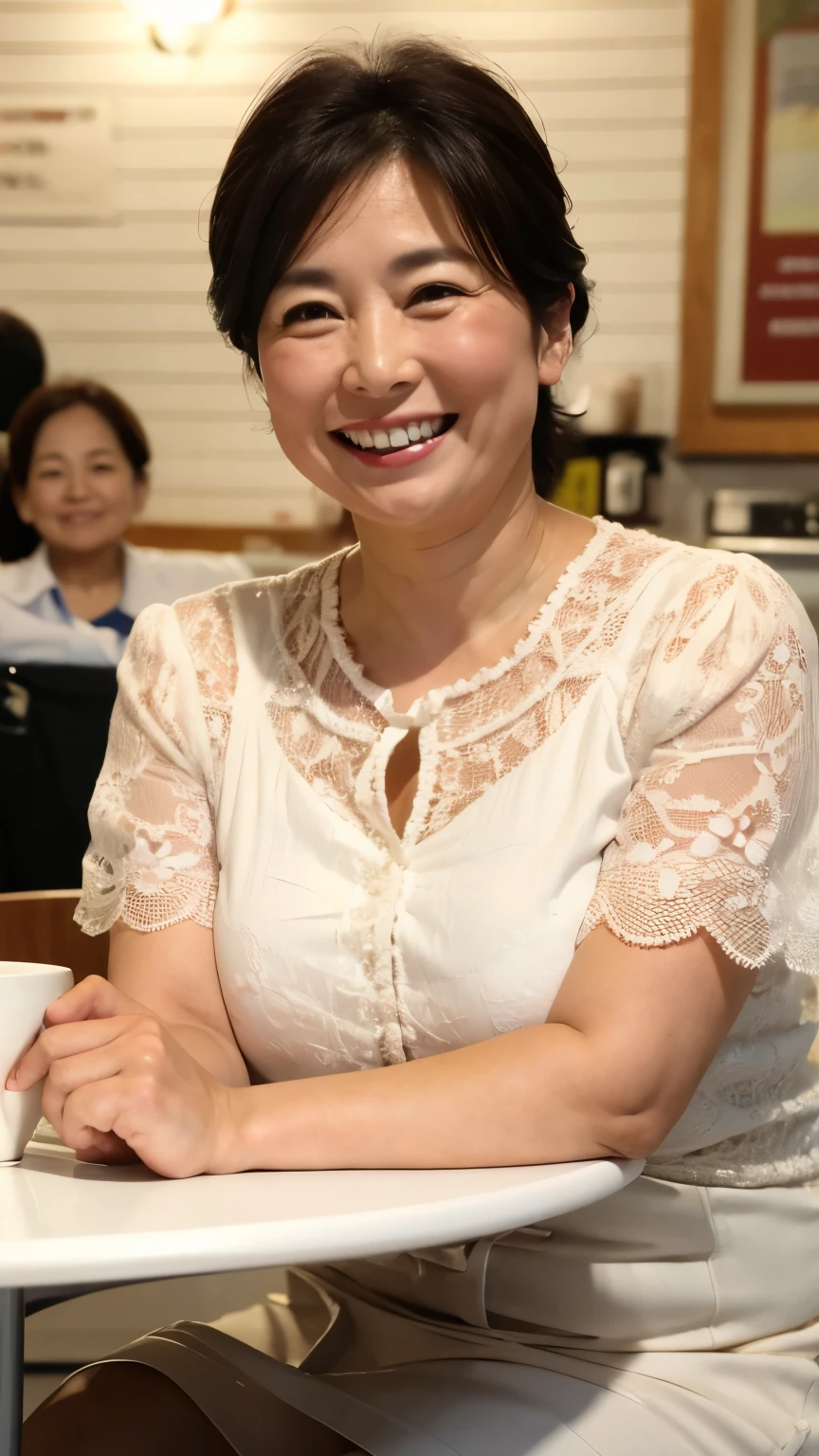 8k wallpaper, masterpiece, Highest quality, Super detailed, One Mature Woman, 50 years old, Become very clear, Wearing a short-sleeved blouse, Skin dents, Captivating smile, Looking at the audience, , plump, Curvaceous, Fascinating face, Smiling with teeth showing, Wrinkles around the eyes, Sit at a coffee shop, Background Blur