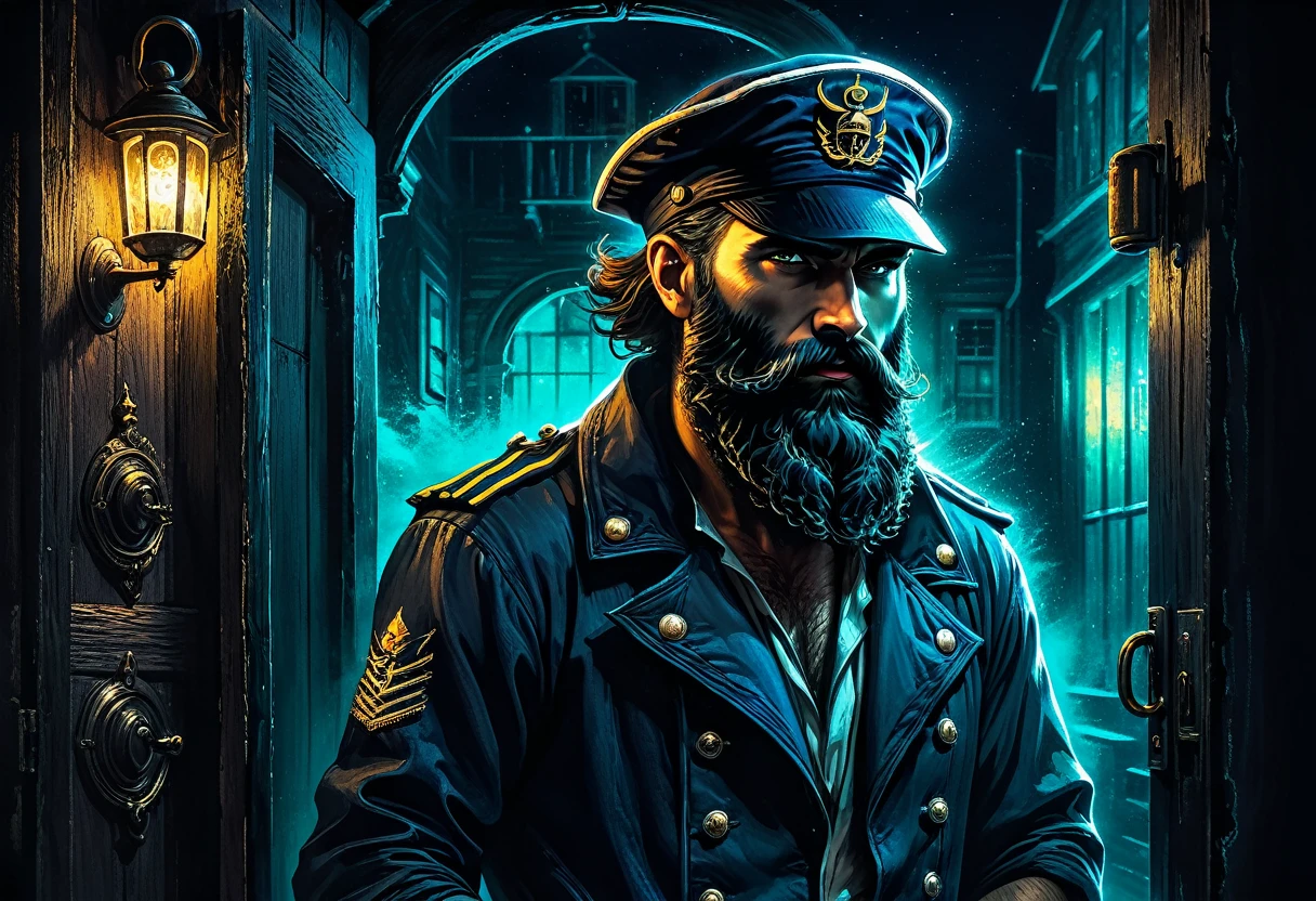 
charismatic, sinister bearded sailor, open jacket, cap in half profile, at night, opens the door to the entrance of a tavern, neon dark art