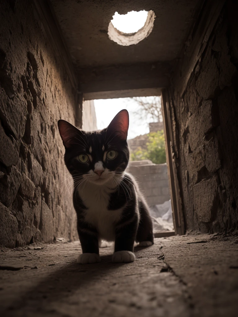 (Highest quality: 1.3), cinematic photo, masterpiece, (sharp focus: 1.5), (photorealistic: 1.3), medium portrait of (coming out of the hole in the wall, details, flowers) ( a black white bicolor cat immersed in a surreal world surrounded by light, cute cat, cute smile, view from below, viewed from the floor, some torches burn on the walls, giving the scene a dark atmosphere but sculpting the shapes in crisp chiaroscuro ), it's night, (highly detailed texture), (detailed face), detailed background, dark lighting, twilight lighting, volumetric lighting, intricate details, UHD,