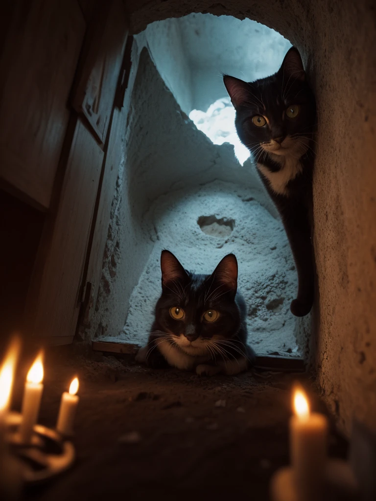 (Highest quality: 1.3), cinematic photo, masterpiece, (sharp focus: 1.5), (photorealistic: 1.3), medium portrait of (coming out of the hole in the wall, details, flowers) ( a black white bicolor cat immersed in a surreal world surrounded by light, cute cat, cute smile, view from below, viewed from the floor, some torches burn on the walls, giving the scene a dark atmosphere but sculpting the shapes in crisp chiaroscuro ), it's night, (highly detailed texture), (detailed face), detailed background, dark lighting, twilight lighting, volumetric lighting, intricate details, UHD,