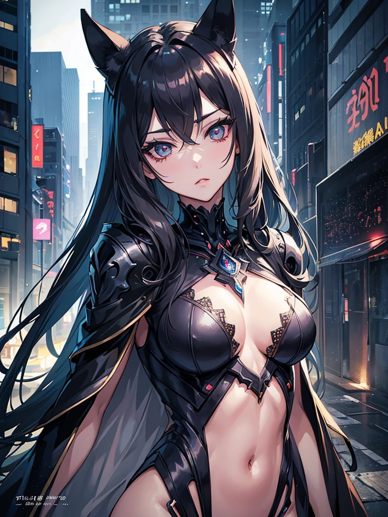 a beautiful anime girl, detailed urban world, tall and slender figure, almost semi-naked, subzero type mask, extremely detailed face and eyes, long eyelashes, soft skin, intricate jewelry, dramatic lighting, neon city lights, skyscrapers, rainy atmosphere, moody color palette, cinematic composition, photorealistic, 8k, masterpiece