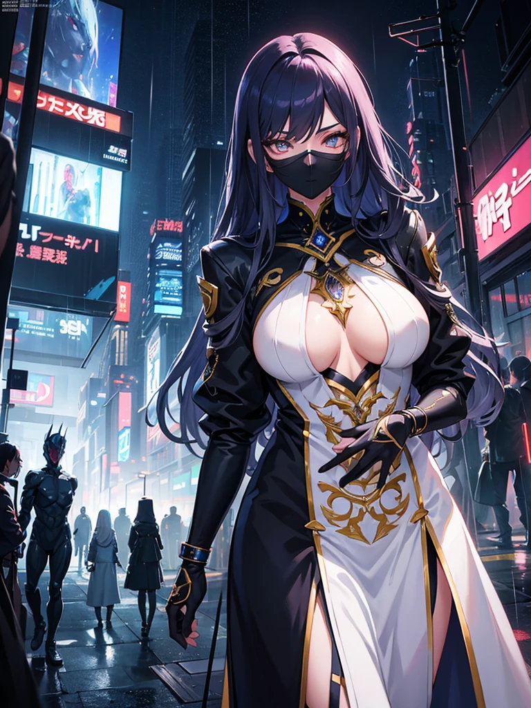 a beautiful anime girl, detailed urban world, tall and slender figure, almost semi-naked, subzero type mask, extremely detailed face and eyes, long eyelashes, soft skin, intricate jewelry, dramatic lighting, neon city lights, skyscrapers, rainy atmosphere, moody color palette, cinematic composition, photorealistic, 8k, masterpiece