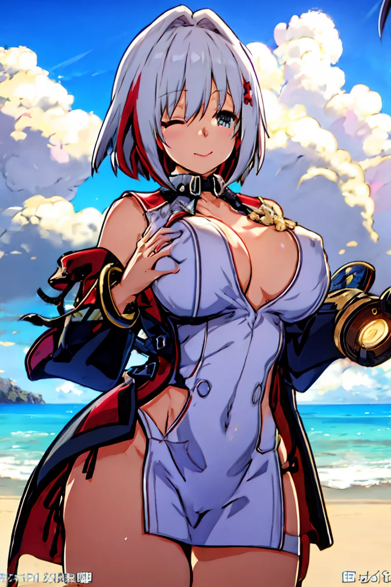 tuopa 1girl admiral graf spee \(azur lane\) bangs bracelet breasts gold eyes closed mouth cross detached sleeves dress eyebrows visible through hair hair between eyes hair ornament jewelry medium breasts multicolored hair necktie red hair short hair silver hair smile solo streaked hair upper body masterpiece swim suit beach