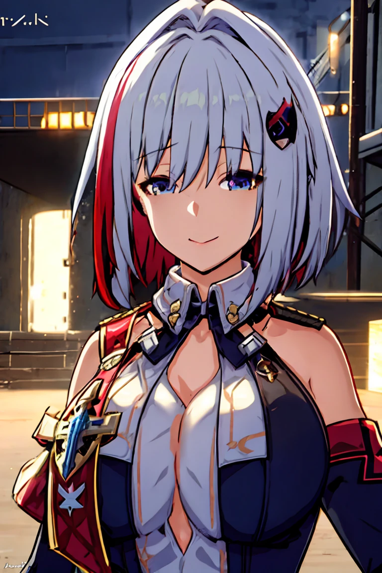 tuopa 1girl admiral graf spee \(azur lane\) bangs bracelet breasts gold eyes closed mouth cross detached sleeves dress eyebrows visible through hair hair between eyes hair ornament jewelry medium breasts multicolored hair necktie red hair short hair silver hair smile solo streaked hair upper body masterpiece swim suit beach