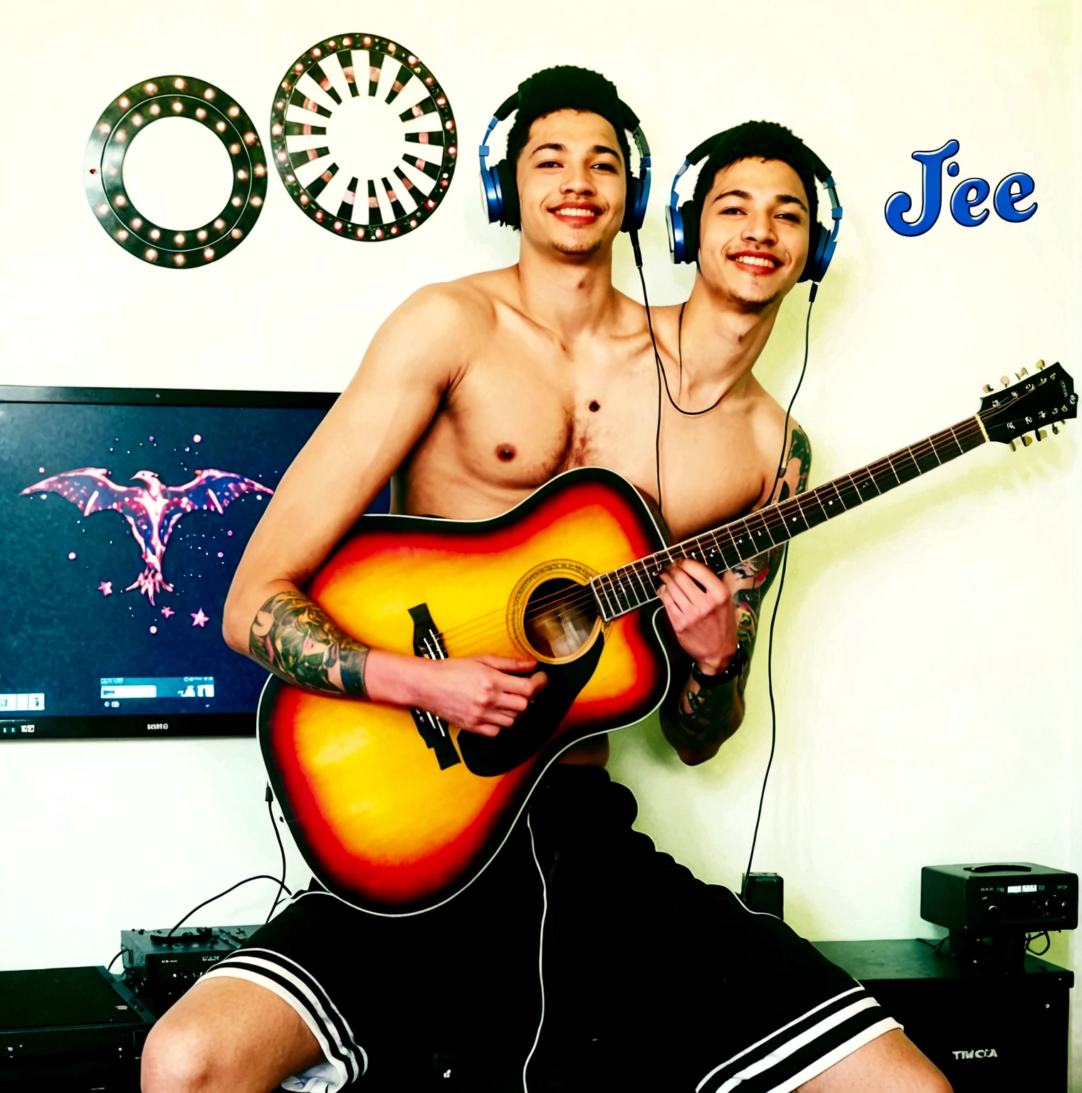 A young man is playing an acoustic guitar in a room that looks unkempt and messy, he wears large Headphones in his ears, has short hair, ((stout body)), and has tattoos on his arms.