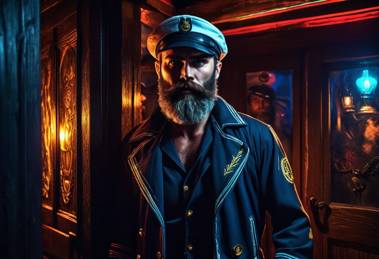 charismatic, sinister bearded sailor, open jacket, cap in half profile, at night, opens the door to the entrance of a tavern, neon dark art