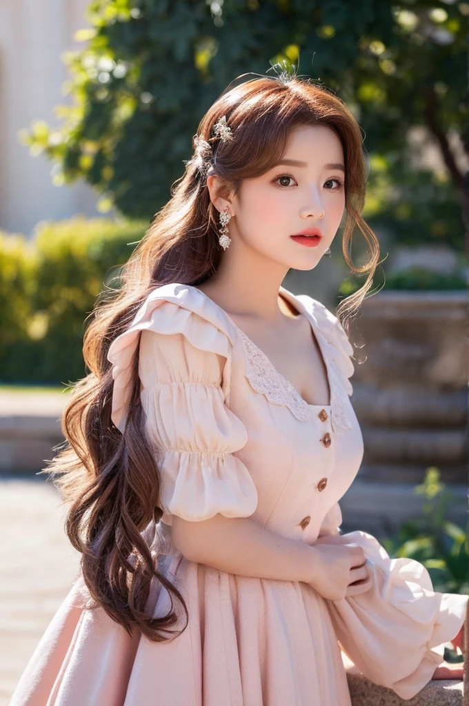 Elara is renowned across the empire for her beauty and charm. Her doe-like eyes, porcelain skin, and ((pink wavy hair)) that resembles clouds make her stand out. She speaks with a small and charming voice that captivates everyone around her. Her role as the only daughter of a duke gives her a unique standing in the empire, respected yet limited in power compared to the royals. She is a Korean